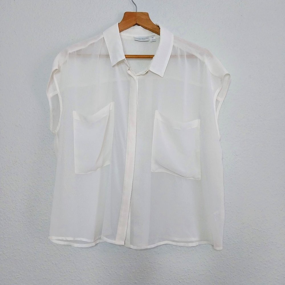 Bisou Bisou Off White Sheer Hidden Button Flowy Front Pockets Blouse Top Size XL